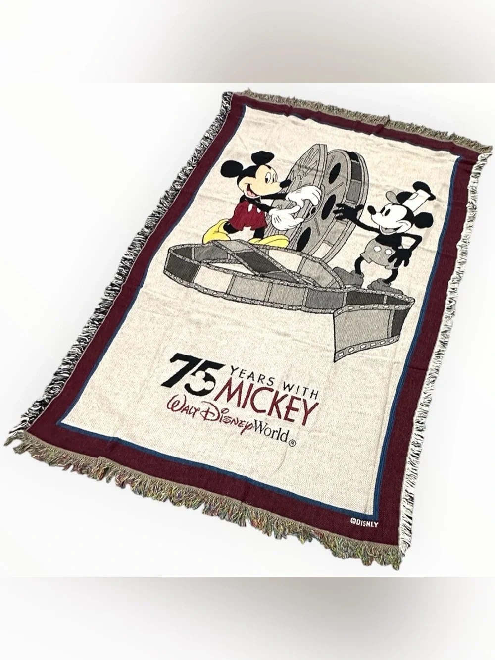 Disney 75 Years With Mickey Woven Tapestry Throw 100% Cotton USA NOS Collectible